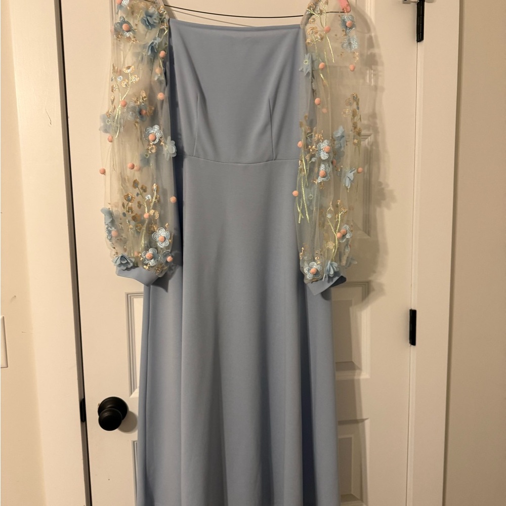 SHEIN Light Blue Dress with Floral Sheer Sleeves